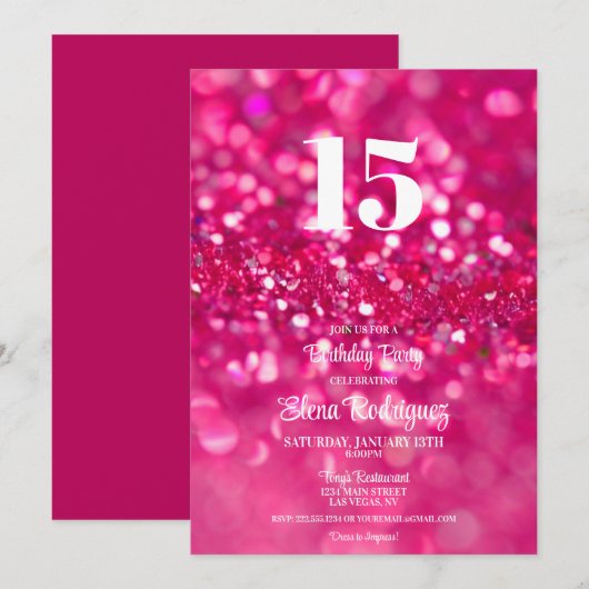 Invitation Parties scintillant rose chaud Glam 15e anniversai (Devant / Derrière)
