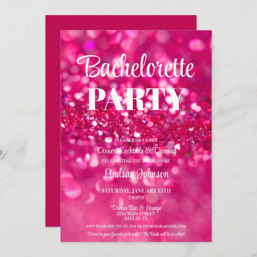 Invitation Parties scintillant rose chaud Glam Bachelorette P (Devant / Derrière)