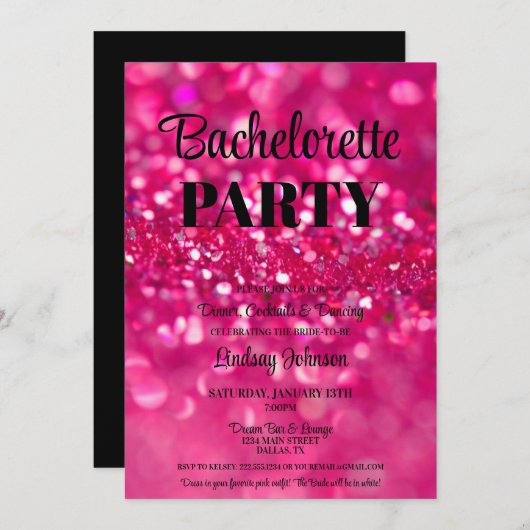 Invitation Parties scintillant rose chaud Glam Bachelorette P (Devant / Derrière)