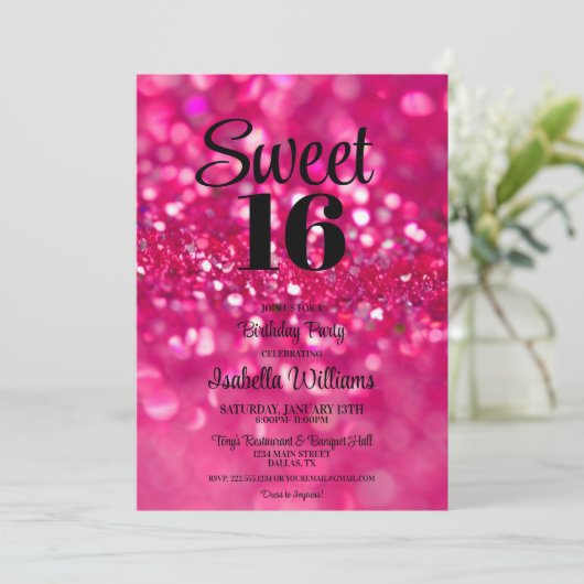 Invitation Parties scintillant rose chaud glam Sweet 16 Invit (Debout devant)