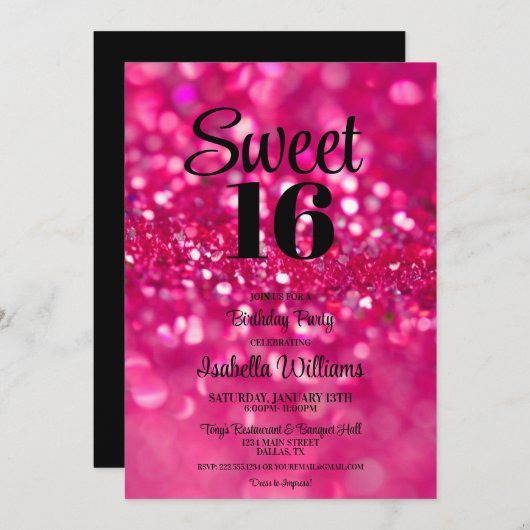 Invitation Parties scintillant rose chaud glam Sweet 16 Invit (Devant / Derrière)