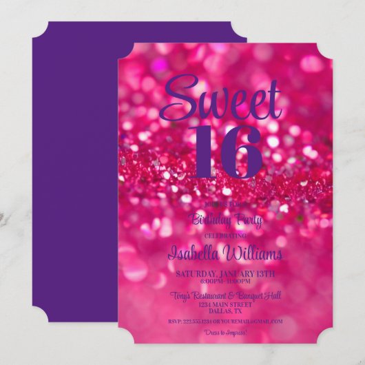 Invitation Parties scintillant rose chaud glam Sweet 16 Invit (Devant / Derrière)