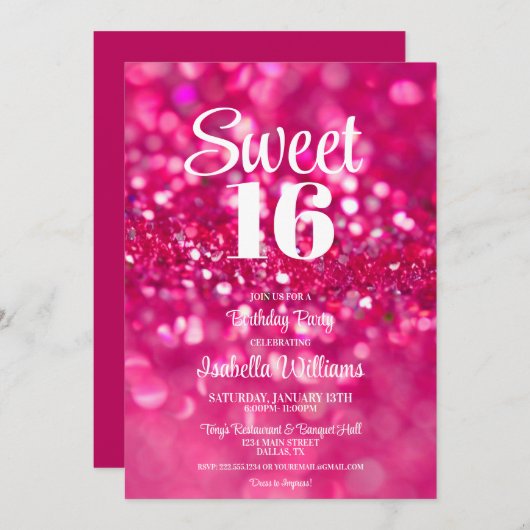 Invitation Parties scintillant rose chaud glam Sweet 16 Invit (Devant / Derrière)
