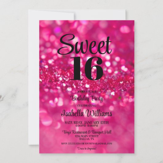 Invitation Parties scintillant rose chaud glam Sweet 16 Invit (Devant)