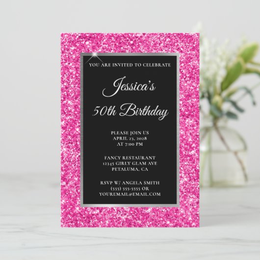 Invitation Parties scintillant rose chaud Noir 50e anniversai (Debout devant)