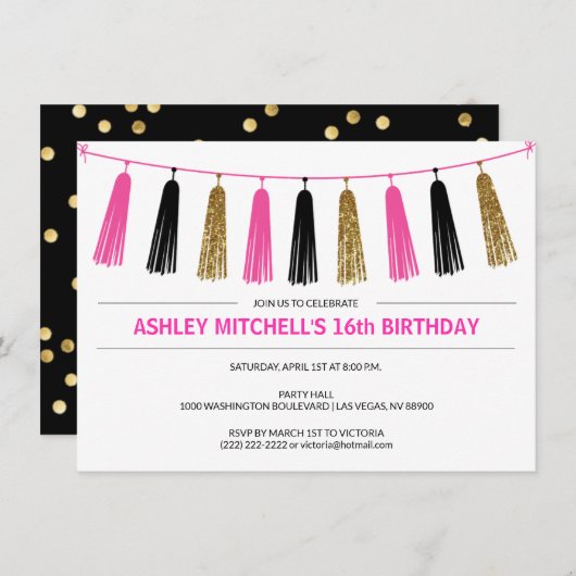 Invitation PARTIES SCINTILLANT rose CHAUD Tassels Fille ANNIV (Devant / Derrière)