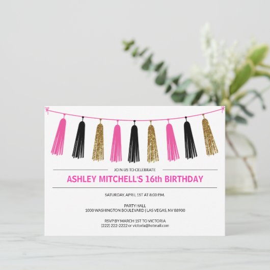 Invitation PARTIES SCINTILLANT rose CHAUD Tassels Fille ANNIV (Debout devant)