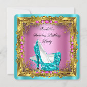Invitation Parties scintillant rose chaud turquoise talons ha (Devant)