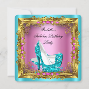 Invitation Parties scintillant rose chaud turquoise talons ha