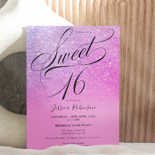 Invitation Parties scintillant rose chic ombre script violet 