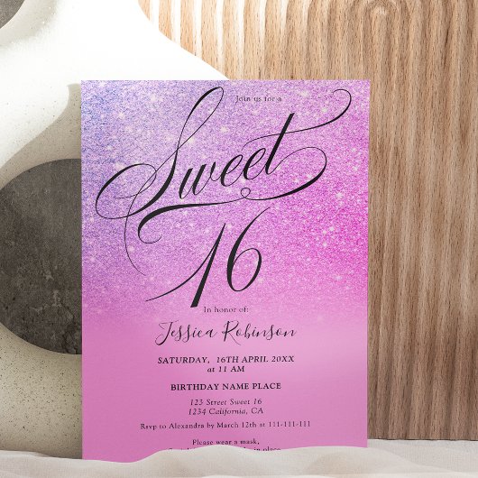 Invitation Parties scintillant rose chic ombre script violet 