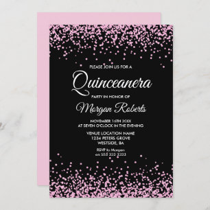 Invitation Parties scintillant rose Confetti Black Quinceaner