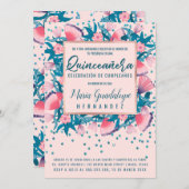 Invitation Parties scintillant rose Confetti Floral Español Q (Devant / Derrière)