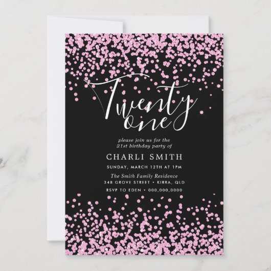 Invitation Parties scintillant rose Confetti Noir 21e anniver (Devant)