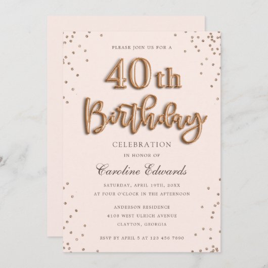 Invitation Parties scintillant Rose de ballons à huile 40e an (Devant / Derrière)