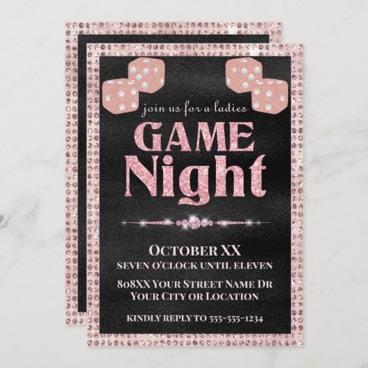 Invitation Parties scintillant rose Dice Dice Dames Game Nigh (Devant / Derrière)