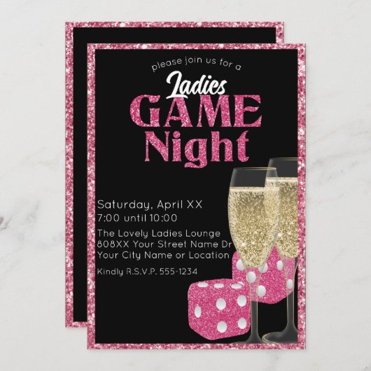 Invitation Parties scintillant rose Dice Dice Dames Game Nigh (Devant / Derrière)