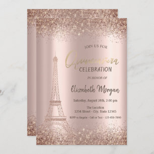 Invitation Parties scintillant rose d'or Eiffel Confetti Quin