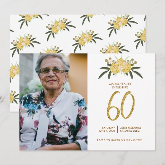 Invitation Parties scintillant Rose d'or et Feuilles botaniqu (Devant / Derrière)