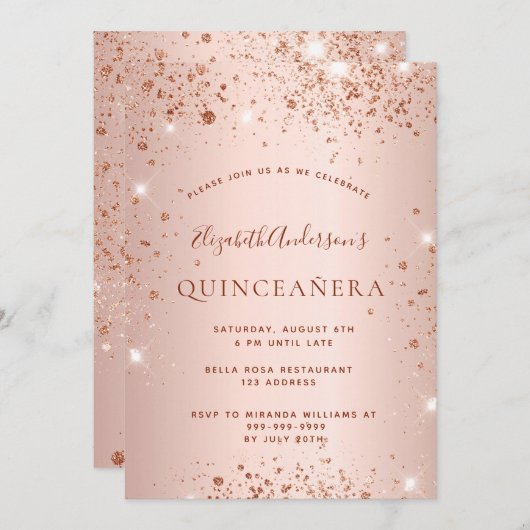 Invitation Parties scintillant rose d'or Quinceanera glam éti (Devant / Derrière)