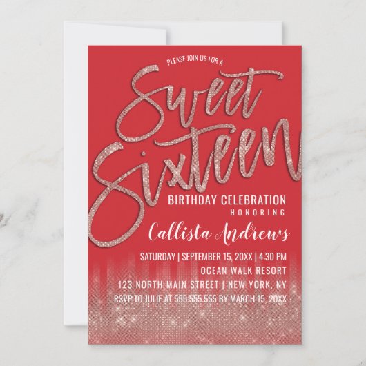 Invitation Parties scintillant Rose d'or Scarlet Typographie (Devant)