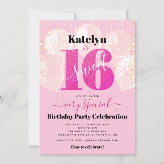 Invitation Parties scintillant rose Douce 16 Ballons d'annive (Devant)