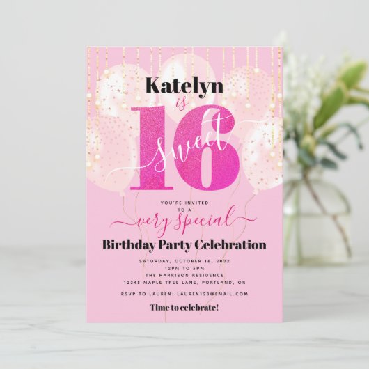 Invitation Parties scintillant rose Douce 16 Ballons d'annive (Debout devant)