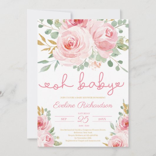 Invitation Parties scintillant rose douce et or oh baby show (Devant)