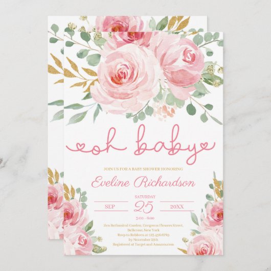 Invitation Parties scintillant rose douce et or oh baby show (Devant / Derrière)