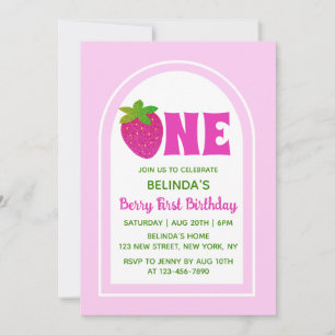 Invitation Parties scintillant rose douce Y2K fraise 1er anni