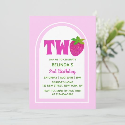 Invitation Parties scintillant rose douce Y2K fraise 2e anniv (Debout devant)