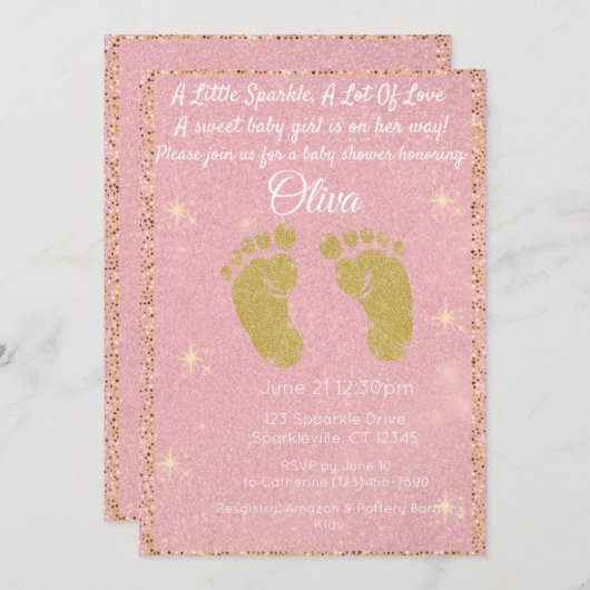 Invitation Parties scintillant rose Empreinte bébé fille douc (Devant / Derrière)