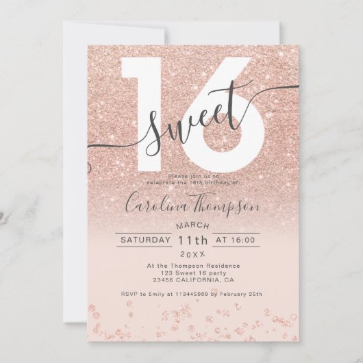 Invitation parties scintillant rose en or confetti blush Swee (Devant)