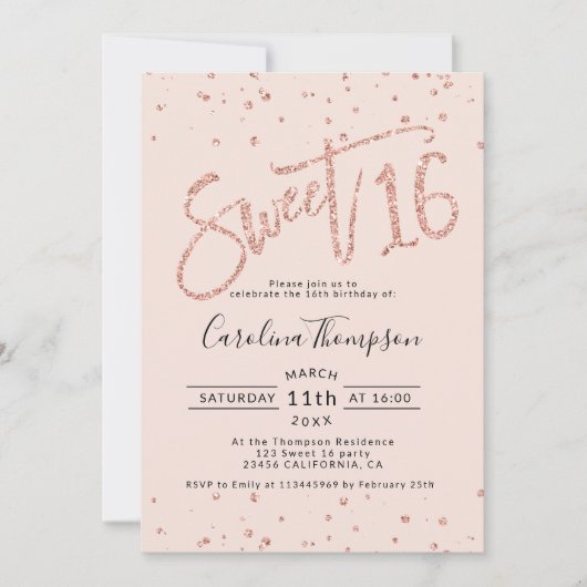 Invitation parties scintillant rose en or confetti blush Swee (Devant)