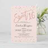Invitation parties scintillant rose en or confetti blush Swee (Debout devant)