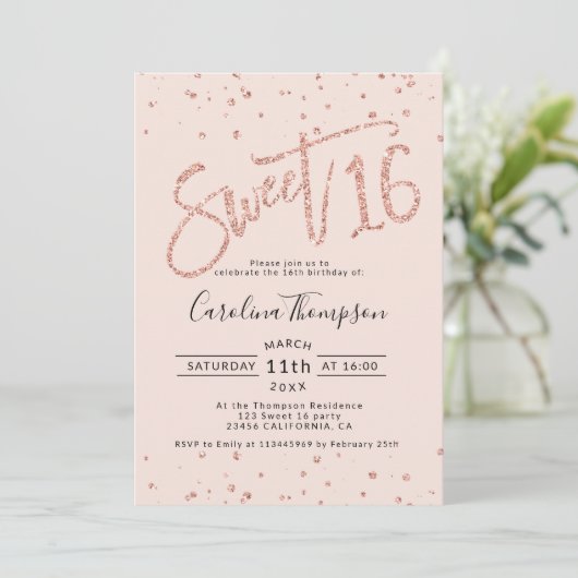Invitation parties scintillant rose en or confetti blush Swee (Debout devant)