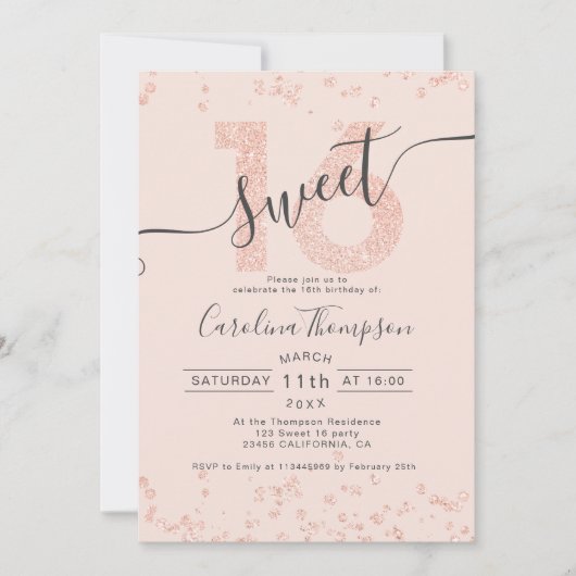Invitation parties scintillant rose en or confetti blush Swee (Devant)