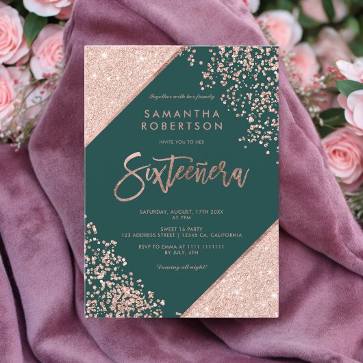 Invitation parties scintillant rose en or confetti vert émera