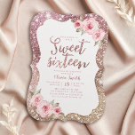 Invitation Parties scintillant rose en or étincelante à la  f<br><div class="desc">Faux rose or brillant parties scintillant arrière - plan et rose vif floral avec le script "sweet sixteen" au centre,  élégante et élégante,  grande douce invitation de fête de 16 ans.</div>
