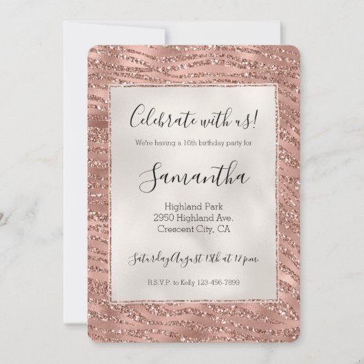 Invitation Parties scintillant rose en verre rose or Zebra Im (Devant)