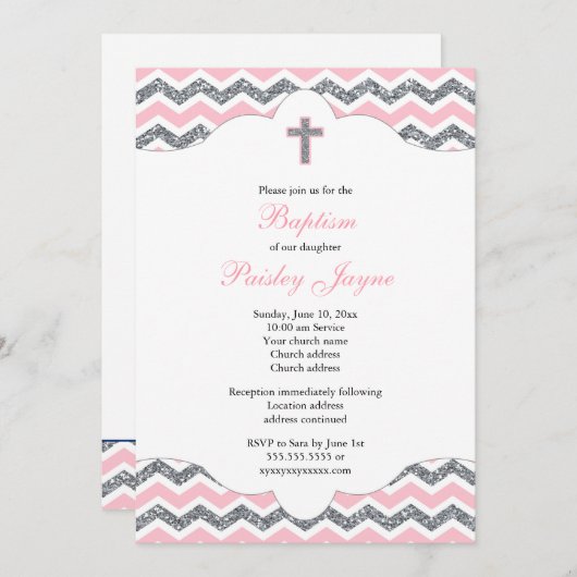 Invitation Parties scintillant rose et argent Fille Baptême C (Devant / Derrière)