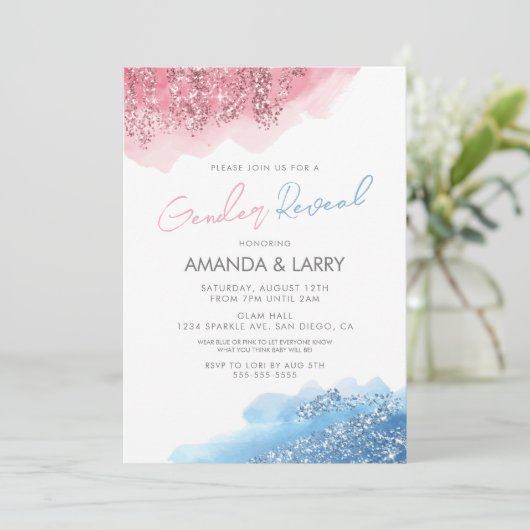 Invitation Parties scintillant rose et bleu Faux Révélation d (Debout devant)