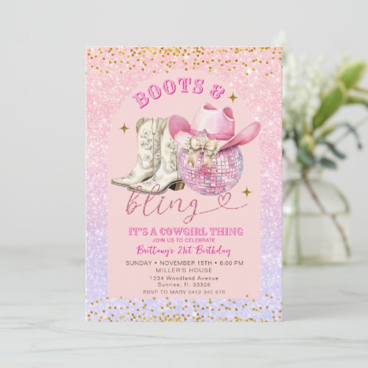 Invitation Parties scintillant rose et bottes en or et bling  (Debout devant)
