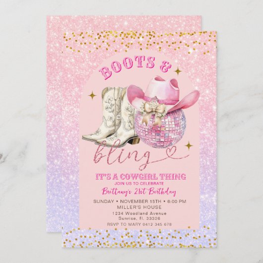 Invitation Parties scintillant rose et bottes en or et bling  (Devant / Derrière)