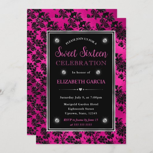 Invitation Parties scintillant rose et noire Floral Damask Sw (Devant / Derrière)