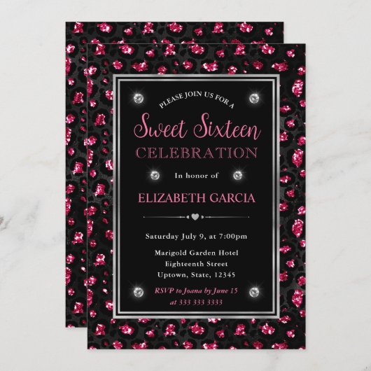 Invitation Parties scintillant rose et noire Leopard Spots Sw (Devant / Derrière)