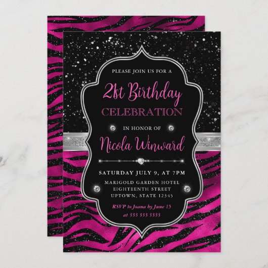 Invitation Parties scintillant rose et noire Tiger Stripes 21 (Devant / Derrière)