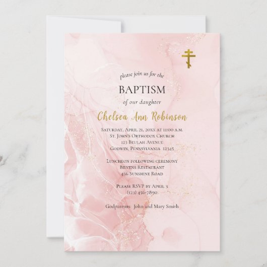 Invitation Parties scintillant rose et or Baptême orthodoxe (Devant)