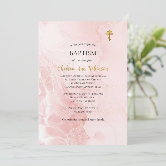 Invitation Parties scintillant rose et or Baptême orthodoxe (Debout devant)
