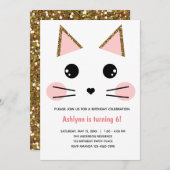 Invitation Parties scintillant rose et or Chat Anniversaire (Devant / Derrière)